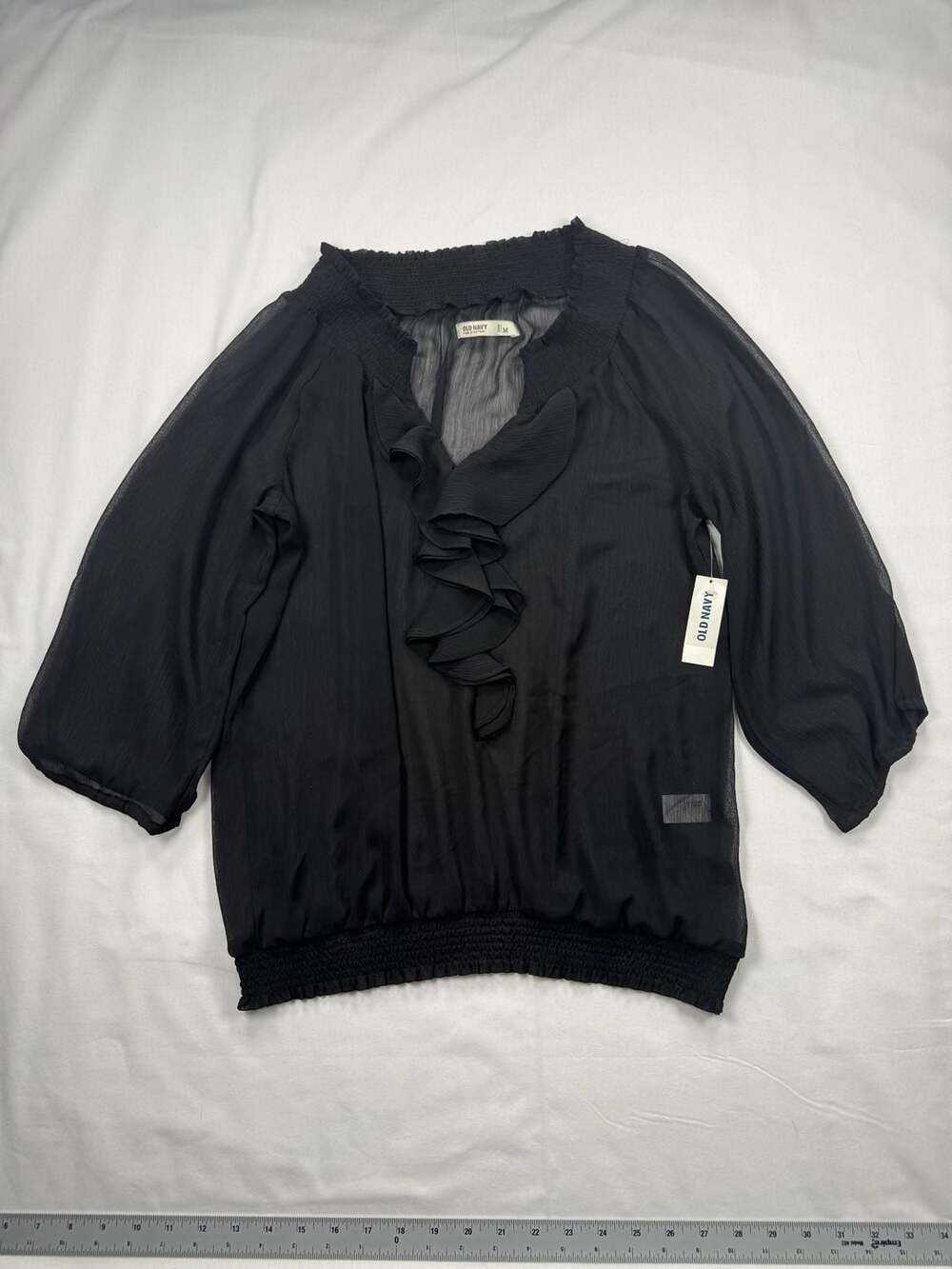 Old Navy Black Ruffle Chiffon Blouse Size M Smocked V-Neck Top